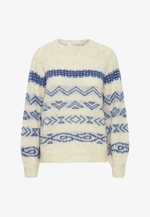 Kremasti džemper s plavim geometrijskim uzorcima, s okruglom izrezom, dugim rukavima i mekim, teksturiranim finišem.