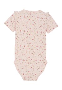 Kortärmad bodysuit med rosormönster i ljusrosa, med volangdetaljer vid axlarna, i bomullstyg och med tryckknappar i nederkant.