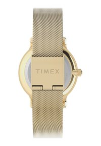 Timex gold-tone mesh watch with a round case, textured band, and a clasp featuring the brand name. Water-resistant with a clear back.