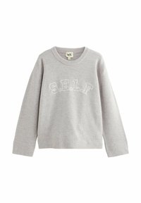 Maglione grigio chiaro con scollo tondo, maniche lunghe e orlo a coste. Presenta la scritta "S.E.L.F." ricamata in bianco sul davanti. Tessuto morbido.