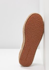 Sole di scarpa espadrille con fondo in gomma marrone testurizzato e zeppa in juta intrecciata, in piedi contro un muro e una superficie bianchi.