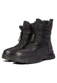 Botas negras hasta el tobillo con parte superior acolchada y con textura, suela de goma y cierre de cremallera. Presenta acentos texturizados en la suela para mayor agarre.