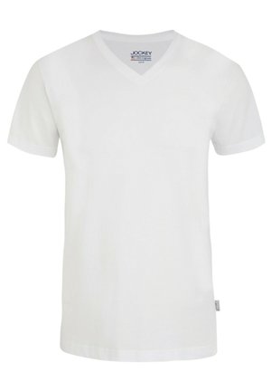 Vit bomull V-ringad T-shirt med korta ärmar och en tagg på sidan. Slät textur och minimalistisk design, lämplig för avslappnad användning.