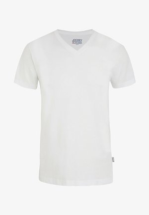 T-shirt bianca in cotone a manica corta con scollo a V e un etichetta sul lato. Texture liscia e design minimalista, adatta per un look casual.