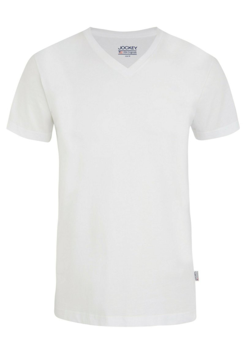Biała bawełniana koszulka V-neck z krótkim rękawem i metką z boku. Gładka tekstura i minimalistyczny design, odpowiednia do codziennego noszenia.