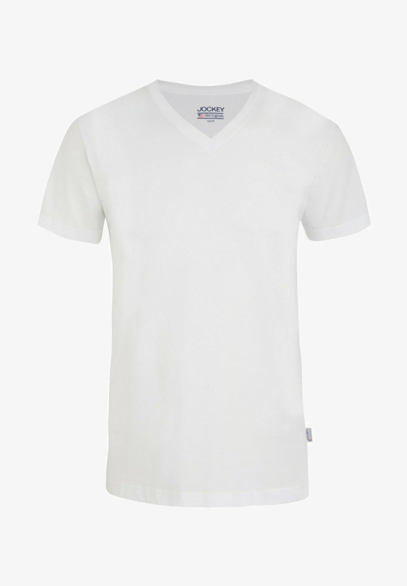 Witte katoenen V-hals T-shirt met korte mouwen en een label aan de zijkant. Effen textuur en een minimalistisch ontwerp, geschikt voor casual draag.