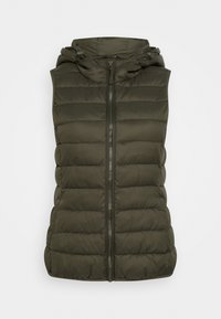 Olivgrön ärmlös vadderad väst med huva, utrustad med framdragkedja och quiltad design, tillverkad av ett mjukt, slätt material.