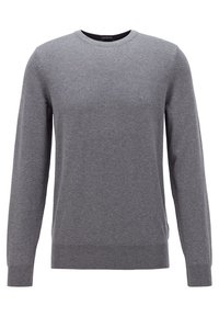 Grauer Pullover mit langen Ärmeln aus einem Stoff mit glatter Textur. Verfügt über einen Rundhalsausschnitt sowie gerippte Bündchen an Ärmeln und Saum. Kleines Logo auf der Vorderseite.