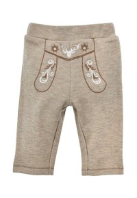 Beige corduroy trousers with embroidered pockets, featuring a deer motif and floral accents. Smooth texture, mid-calf length, and double stitching.