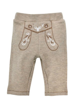 Beige Corduroyhosen mit bestickten Taschen, die ein Hirschmotiv und florale Akzente aufweisen. Glatte Textur, wadenlange Länge und Doppelnaht.