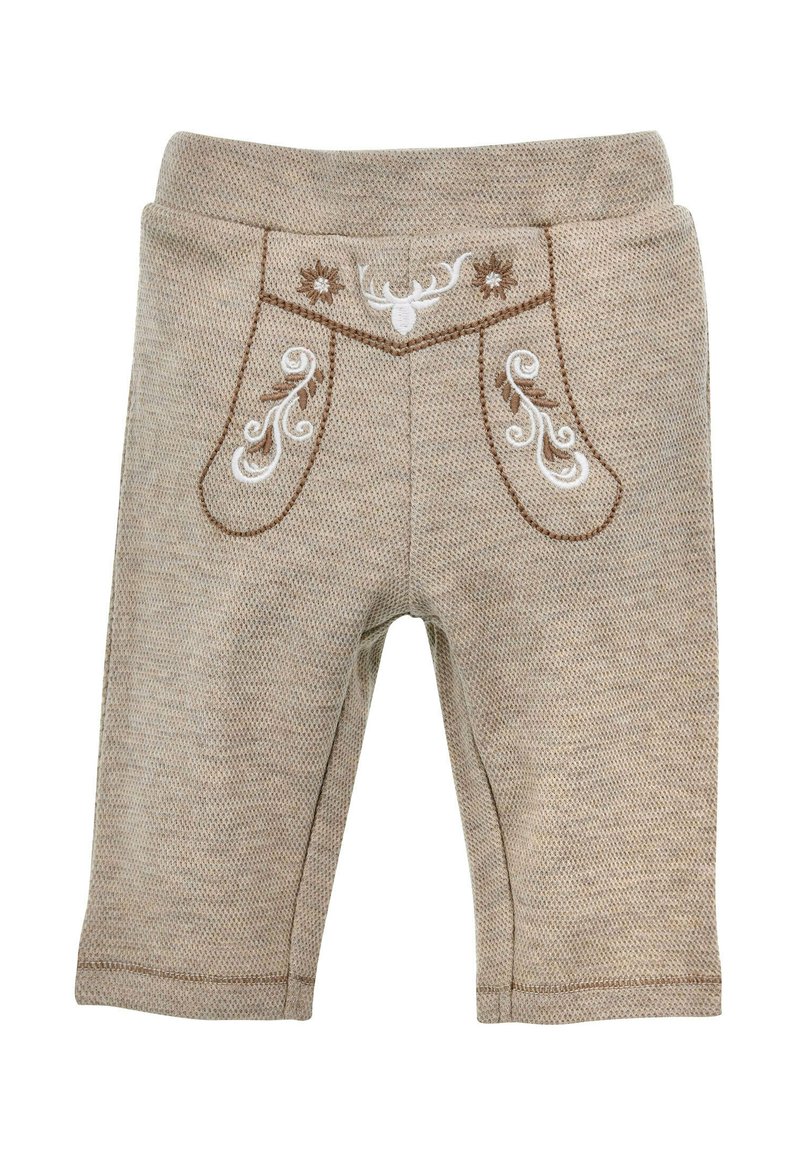 Beige corduroy trousers with embroidered pockets, featuring a deer motif and floral accents. Smooth texture, mid-calf length, and double stitching.