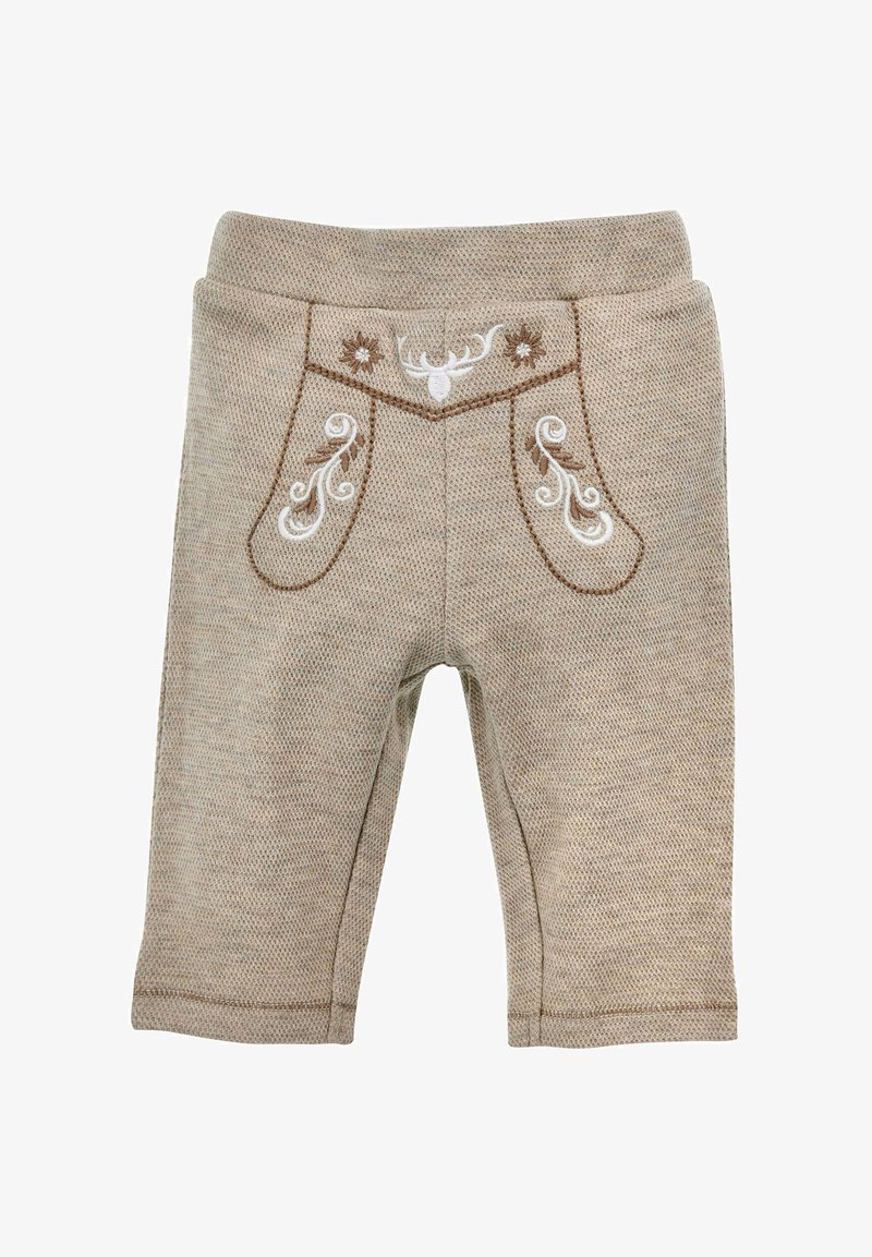 Beige Corduroyhosen mit bestickten Taschen, die ein Hirschmotiv und florale Akzente aufweisen. Glatte Textur, wadenlange Länge und Doppelnaht.