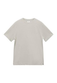 Jasnoszary t-shirt z krótkim rękawem, wykonany z miękkiego materiału. Posiada klasyczny okrągły dekolt i boczne rozcięcia u dołu, co zapewnia swobodę ruchów.