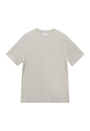 Hellgraues Kurzarm-T-Shirt aus weichem Stoff. Mit klassischem Rundhalsausschnitt und seitlichen Schlitzen am Saum für mehr Bewegungsfreiheit.