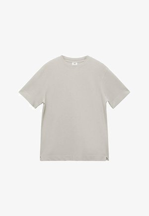 Lichtgrijze t-shirt met korte mouwen van zachte stof. Beschikt over een klassieke ronde hals en zijslitsen aan de onderkant voor extra bewegingsvrijheid.