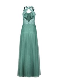 Akwamarynowa wieczorowa suknia z koronkowym gorsetem, regulowanymi ramiączkami i zwiewną spódnicą z tiulu, zdobiona kwiatowymi detalami przy dekolcie.