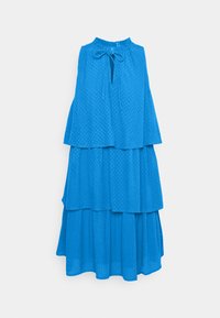 Vestido azul em camadas, feito de um tecido leve, com um decote em laço e um padrão texturizado de bolinhas por toda a peça.