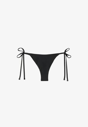 Black bikini bottom with adjustable ties on each side. Features minimal coverage and a smooth, stretchy texture.