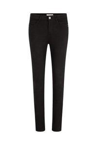 Zwarte slim-fit jeans gemaakt van rekbaar materiaal. Bevat een klassieke vijf-pocketontwerp, een vooraan sluiting met knoop en subtiele merktekens.
