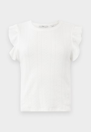 Top blanco de mangas cortas con hombros volantes, que presenta un patrón texturizado de pequeños diamantes y un escote redondeado. Tejido suave.