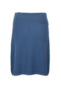 Blaue Strickröcke mit einem strukturierten Muster, elastischem Bund und A-Linie. Der Stoff ist weich und leicht dehnbar für Komfort.