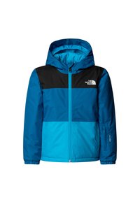 Modrá a čierna zateplená bunda s kapucňou, vybavená zipsovým zapínaním, elastickými manžetami a bočným vreckom. Vyrobená z textúrovanej syntetickej látky.