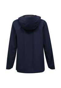 Giacca impermeabile blu navy scuro con maniche lunghe e cappuccio integrato, vista da dietro su sfondo bianco.