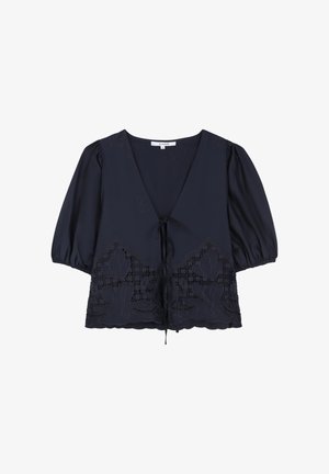 Marineblaue Bluse mit V-Ausschnitt, Puffärmeln und einem Kordelzug in der Taille. Verziert mit floralem Stickerei und gewellten Kanten am Saum.