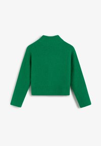 Suéter de punto recortado en verde, con textura acanalada, cuello alto y mangas largas. La parte trasera es lisa con un mínimo de detalles en las costuras.
