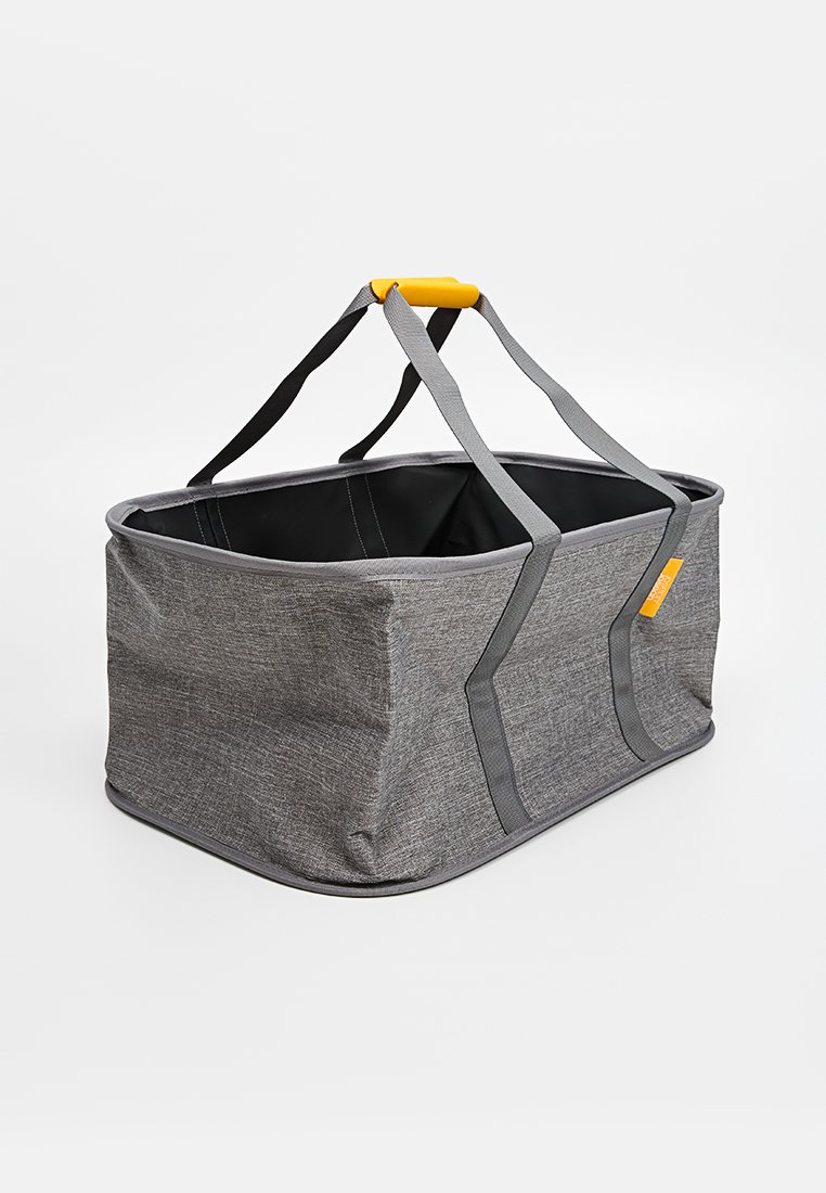 Borsa per la conservazione in tessuto grigio con forma rettangolare, dotata di manici grigi e un accento giallo. Esterno testa ruvida con una fodera interna liscia.
