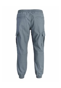 Pantalon cargo gris avec ceinture et poignets élastiques, avec deux poches arrière et deux poches latérales à rabat.