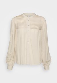Blusa lunga a maniche con dettagli a pieghe nella parte superiore anteriore, chiusura con bottoni, maniche a sbuffo gatherate e polsini aderenti.