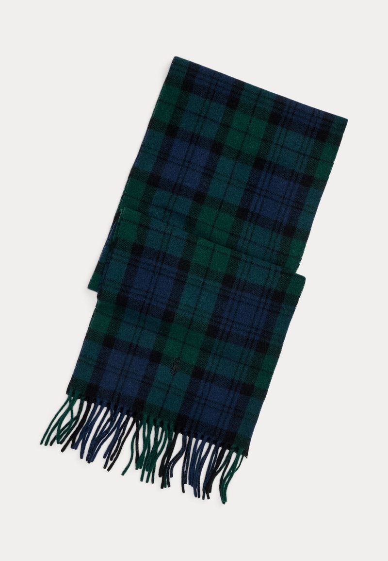 Vlněná šála s modrým a tmavě zeleným kostkovaným vzorem s černými akcenty. Dokončena dlouhými třásněmi podél okrajů.