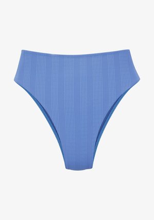 Light blue ribbed bikini bottom with a high-waisted design and minimal coverage. Features smooth edges and delicate stitching.