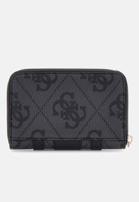 Portafoglio nero con zip perimetrale, realizzato in tessuto con motivo testurizzato, discreto design del logo ripetuto e dettaglio in pelle lungo il bordo inferiore.