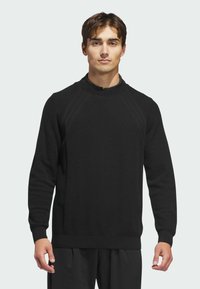 Black knitted sweater with a high neckline, ribbed cuffs, and textured pattern. Features raglan sleeves and a straight hem.