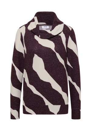 Langærmet bluse med cowl-neck i abstrakt mønster af cremefarvet og mørklilla zebra-striber.