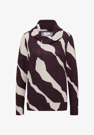 Pull à col drapé à manches longues avec un motif abstrait rayé de zèbre crème et violet foncé.