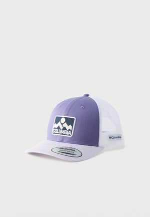 Casquette snapback Columbia violette et blanche avec patch logo montagne à l'avant et panneaux en maille à l'arrière.