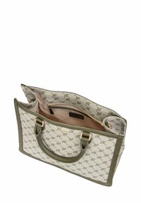 Beige mulepose med grønne læderdetaljer, mønstret indre, dobbelte top-håndtag og en lynlåslomme. Har guldfarvet hardware.