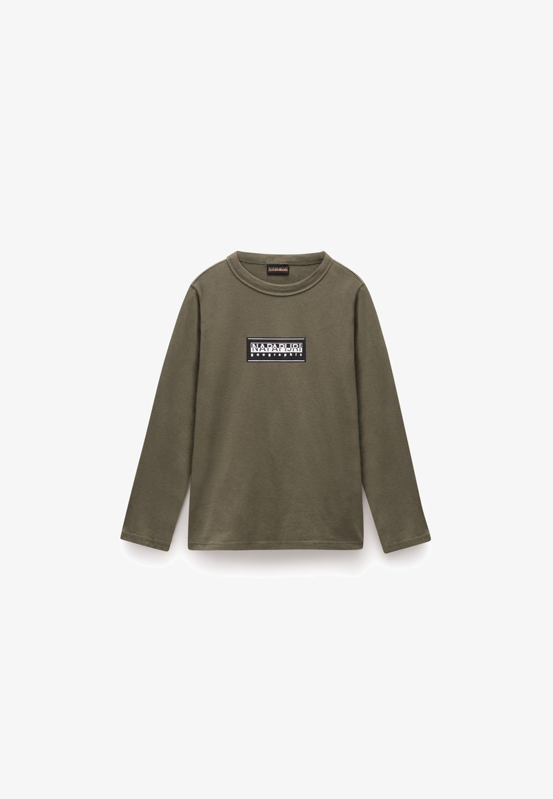 Olivegrünes langärmliges T-Shirt aus Baumwolle mit einem rechteckigen grafischen Logo in Schwarz und Weiß auf der Brust.
