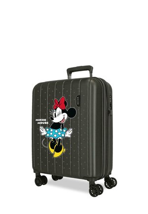 Maleta rígida negra con cuatro ruedas que presenta una colorida imagen de Minnie Mouse con un lazo rojo y una falda azul con lunares.