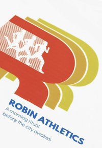 Diseño gráfico rojo y amarillo con corredores, con el texto "ROBIN ATHLETICS" en azul sobre un fondo blanco.