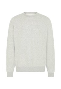 Light grey sweatshirt made of soft fabric, featuring a crew neck, long sleeves, ribbed cuffs, and a plain design without patterns or accents.