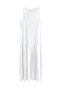Robe midi blanche sans manches avec encolure ronde et détail de jupe froncée suspendue contre un fond blanc.