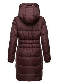 Maroon puffer coat with a hood, featuring quilted sections, elasticized cuffs, and a logo accent near the hem. Back view displayed.