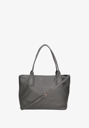 Graue Leder-Shopper-Tasche mit doppelten Griffen, verstellbarem Schulterriemen, strukturierten Oberfläche und einer klaren Form. Besitzt ein minimalistisches Design.