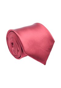 Cravatta in raso rosso scuro, arrotolata, con una texture liscia e un design a tinta unita, caratterizzata da una classica punta affusolata.