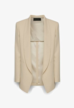 Beige maßgeschneiderter Blazer mit glatter Textur, offenem Vorderteil und Schalkragen. Verfügt über eine schlanke Passform und dezente Taschenmuster.
