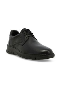 Scarpe stringate in pelle nera con una finitura liscia, punta arrotondata e suola in gomma flessibile con segmenti testurizzati.